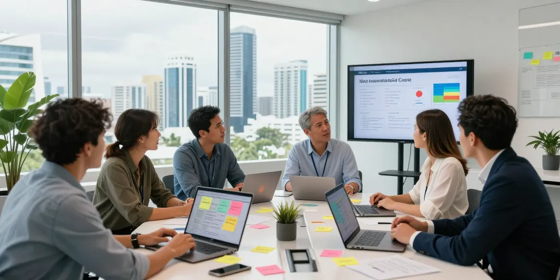 Professional marketing team brainstorming at a Marketing Agency Gold Coast with modern office views.