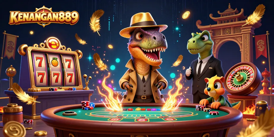 Vibrant scene of KENANGAN889 showcasing a velociraptor card counter, stegosaurus pit boss and a compy pickpocket in a lively casino.