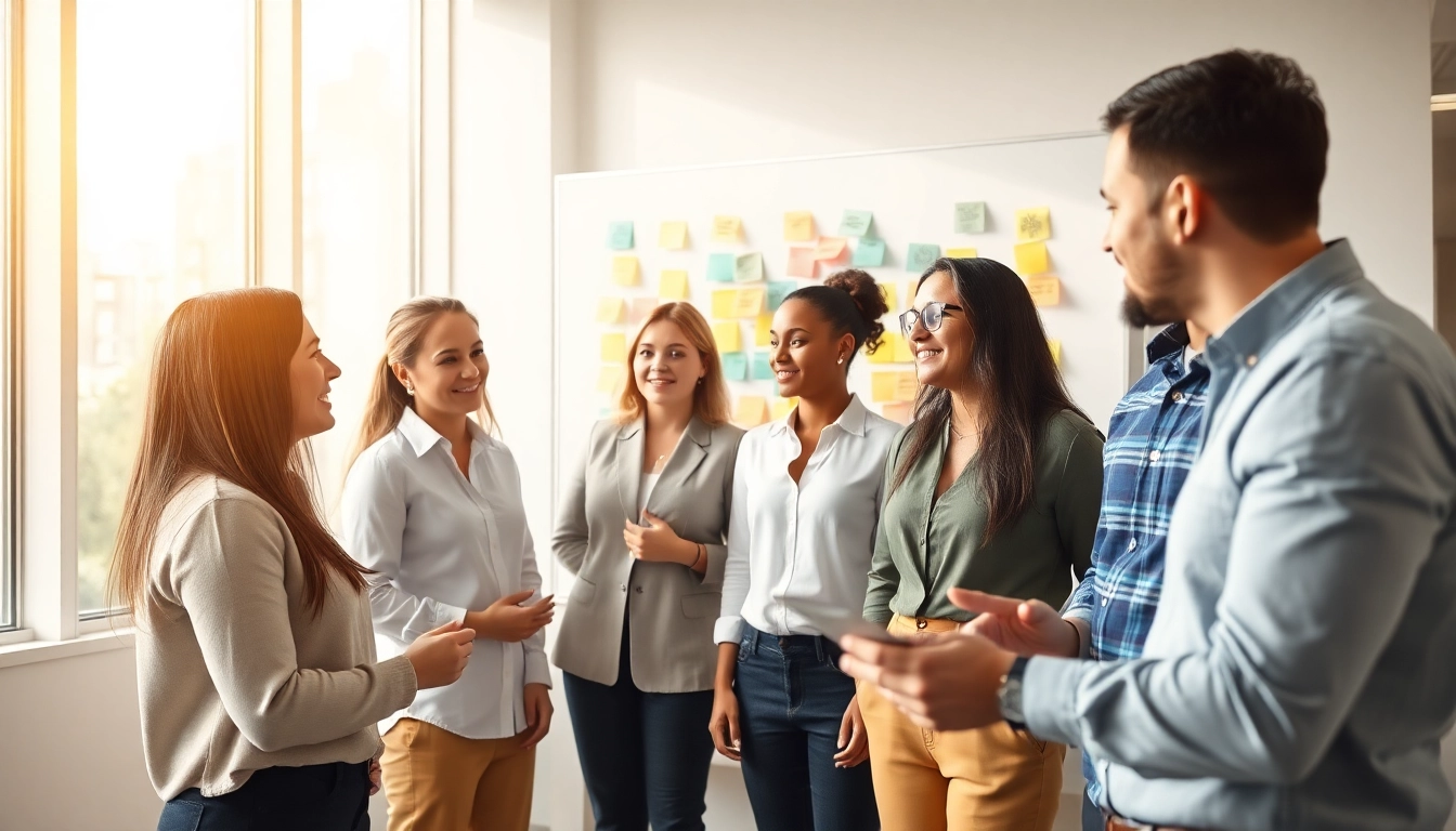 Team discussing HR strategies at https://bestofhr.com/ with vibrant notes in a bright office.