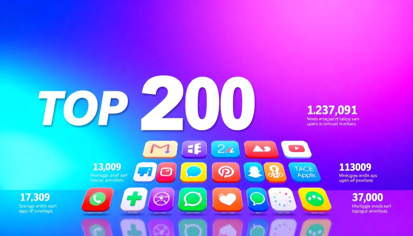 Showcase of the top 200 apps with vibrant icons and engaging statistics for user interaction.