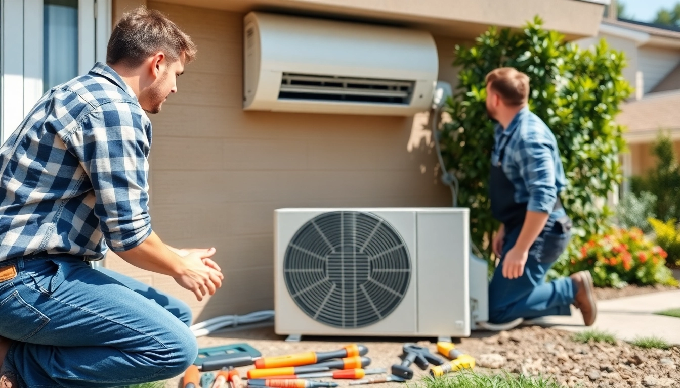 Technicians performing an ac install near me in a residential garden setting.