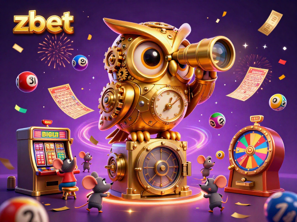 Zbet enhances your casino experience with its vibrant 3D illustration showcasing an owl and thrilling gambling elements.