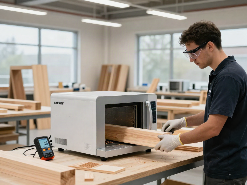 SHASHEL® microwave technology efficiently treats wood for insect elimination in a modern workshop.
