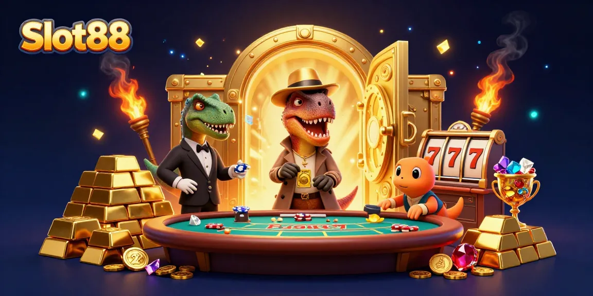 Velociraptor card counter at Slot88 blackjack table surrounded by gold treasures.