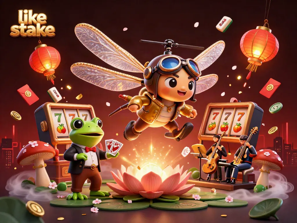 Play slots like Stake at a vibrant casino with a dragonfly pilot and frog dealer.