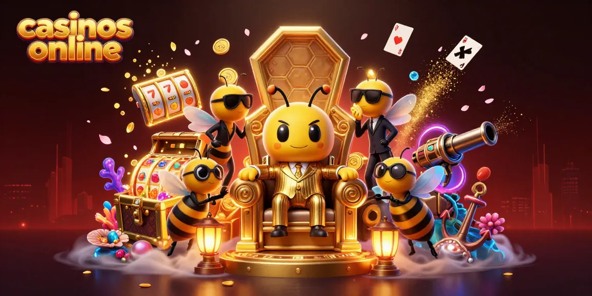 Explora los casinos online con la ilustración de un jefe abeja y elementos de juego vibrantes.